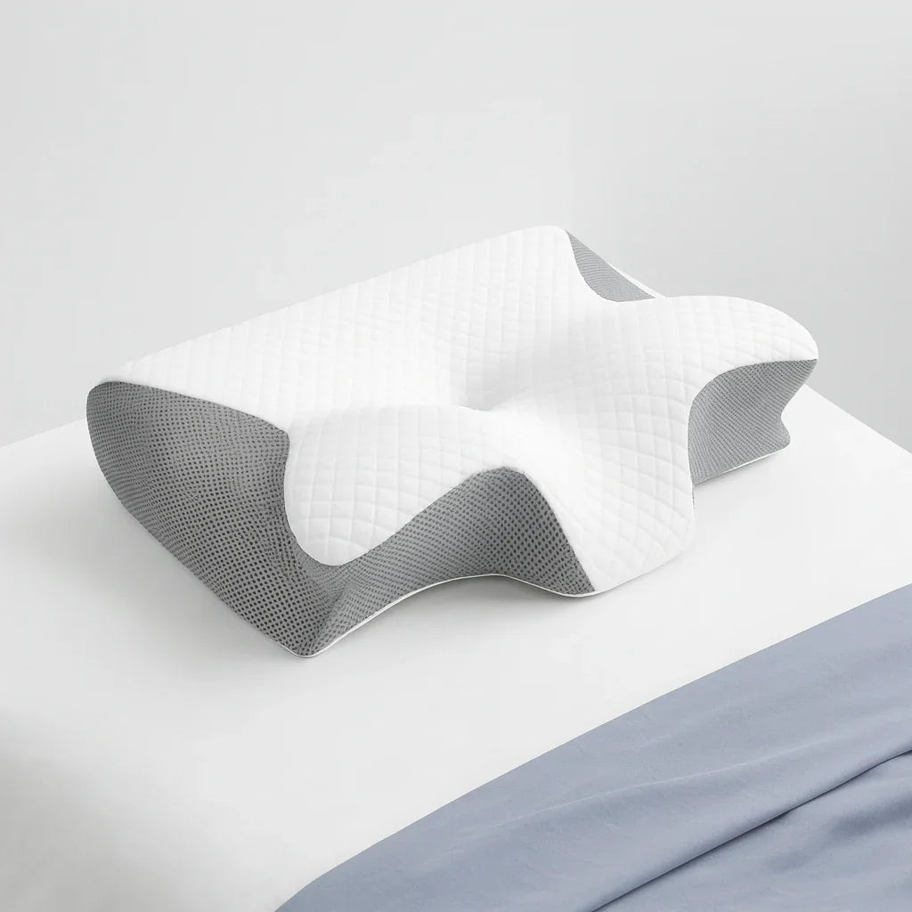 Oreiller cervical papillon à mémoire de forme sur un lit