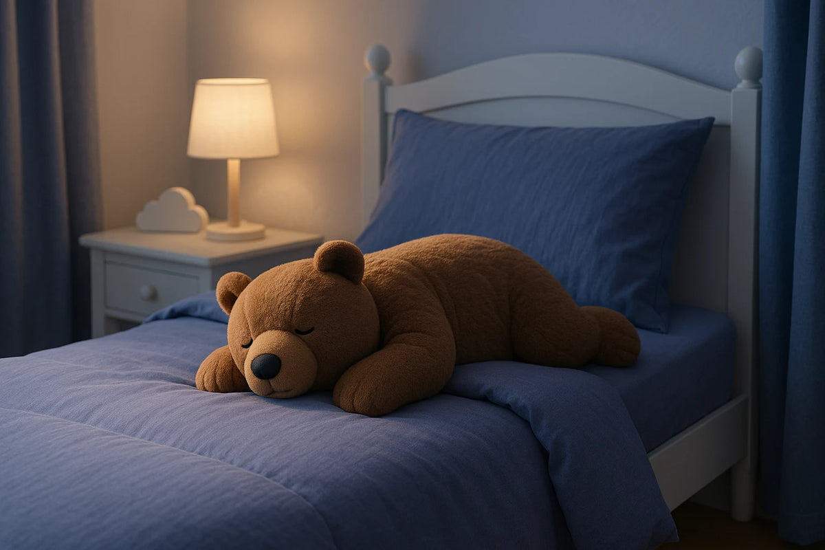 Peluche lestée sur un lit d'enfant