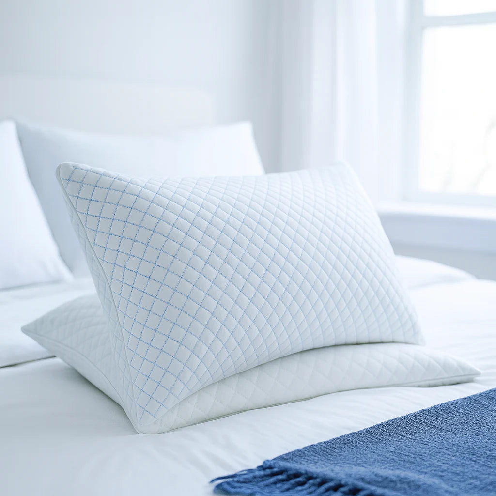 Oreiller cervical sur un lit dans une chambre apaisante