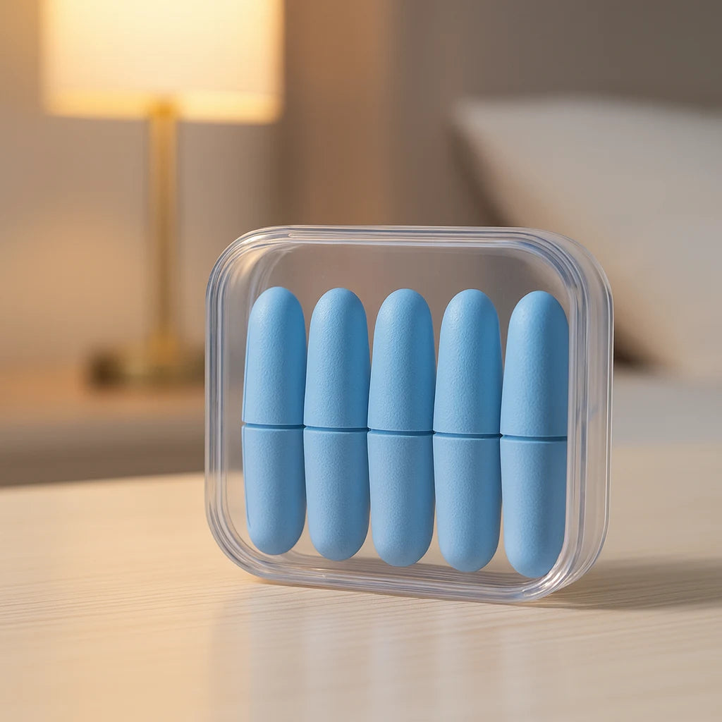 Étui de bouchons mousse sur la table de nuit