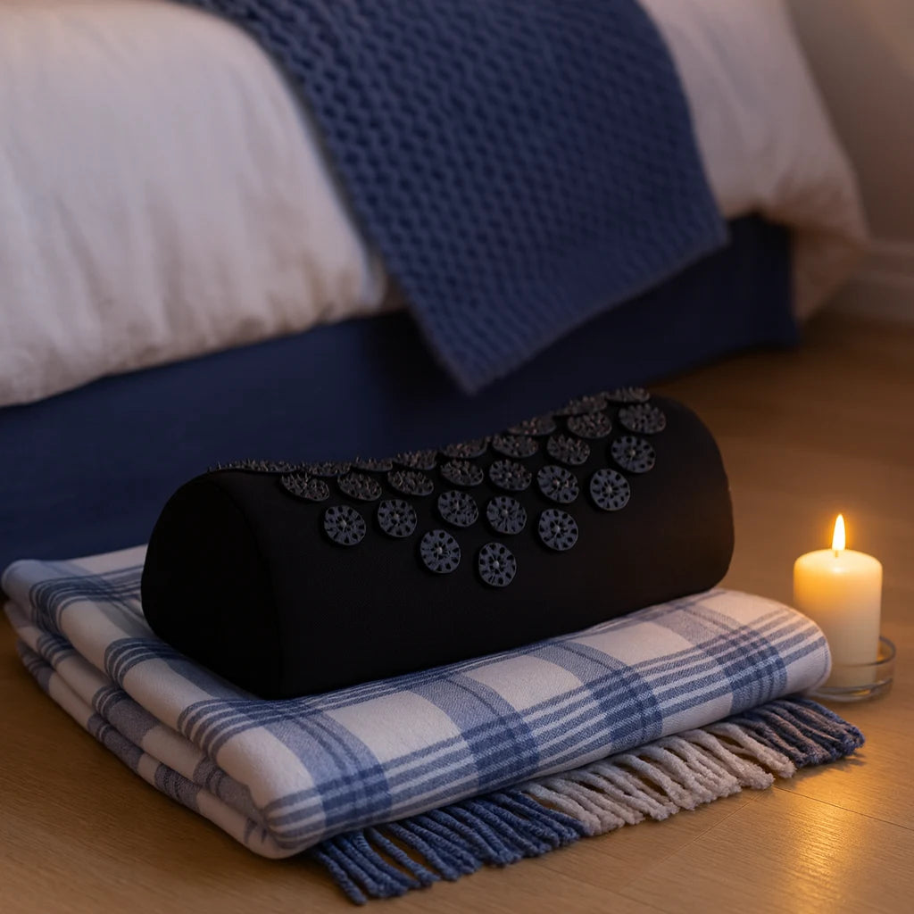Coussin d'acupression noir posé sur un plaid, coin détente du soir