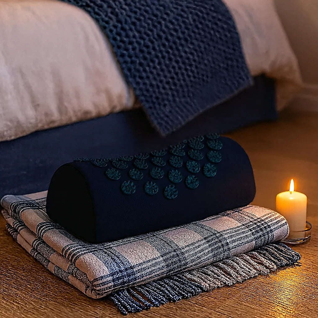 Coussin d'acupression bleu nuit posé sur un plaid, coin détente du soir