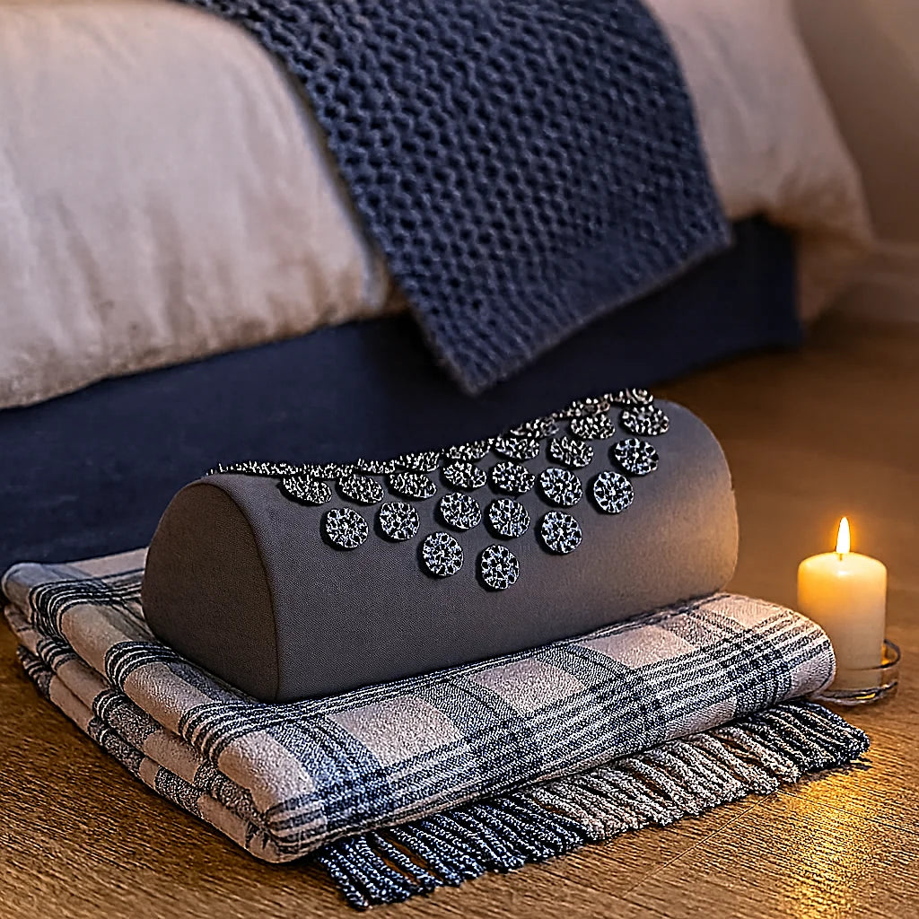 Coussin d'acupression gris posé sur un plaid, coin détente du soir