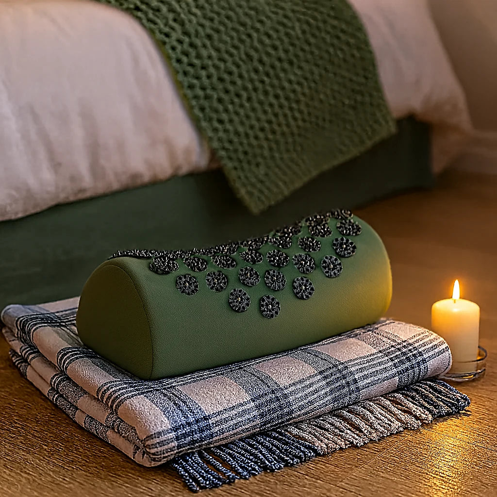 Coussin d'acupression vert sauge posé sur un plaid, coin détente du soir