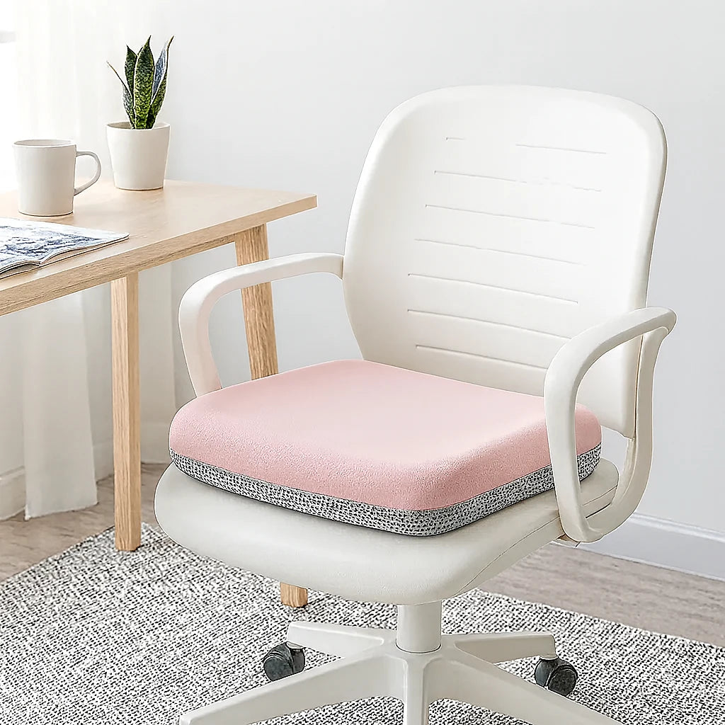 Coussin d'assise rose poudré sur une chaise de bureau