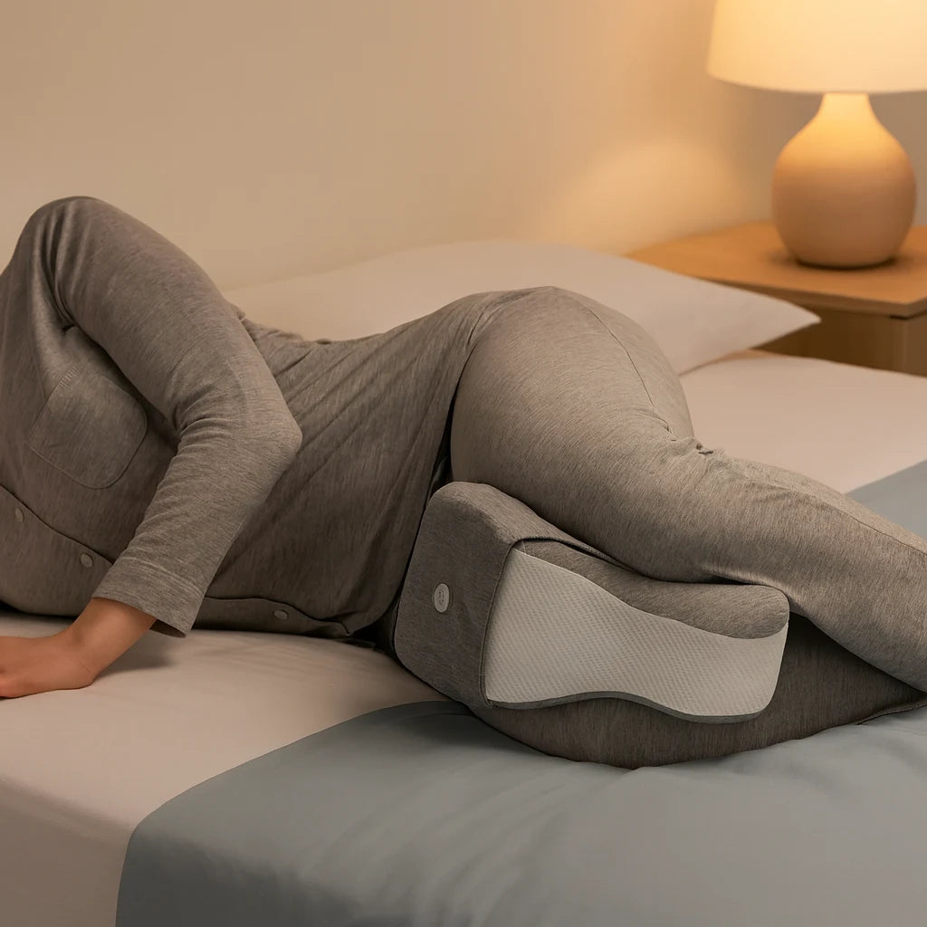 Coussin de genoux gris entre les jambes d'un dormeur sur le côté