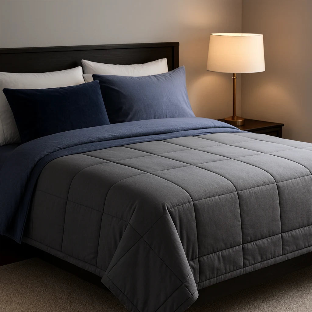 Couverture lestée adulte déployée sur un grand lit dans une chambre apaisante