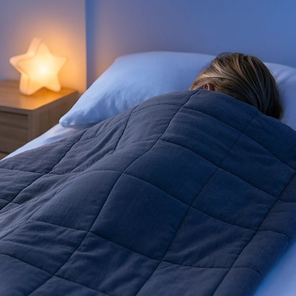 Enfant endormi paisiblement sous sa couverture lestée