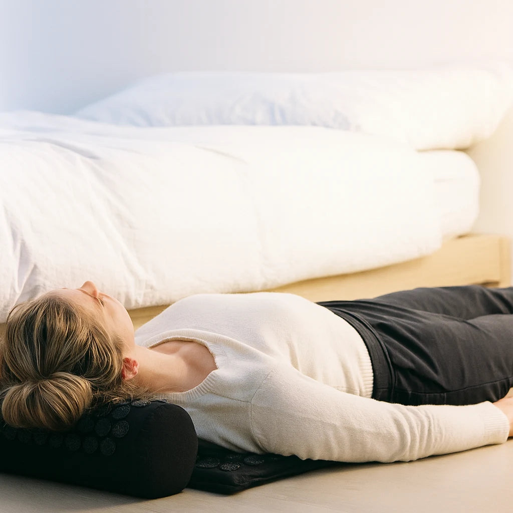 Séance de détente allongée sur le tapis d'acupression