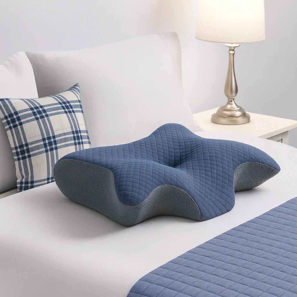 Oreiller papillon bleu à la tête d'un lit apaisant