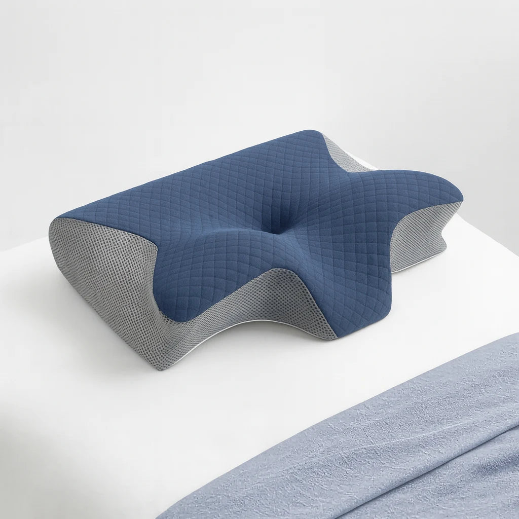Oreiller papillon cervical bleu, cavité centrale et accoudoirs