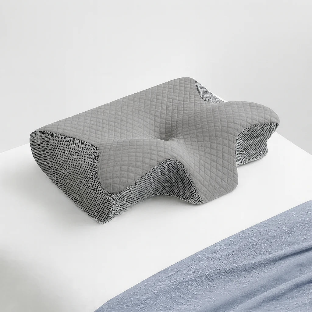 Oreiller papillon cervical gris, cavité centrale et accoudoirs
