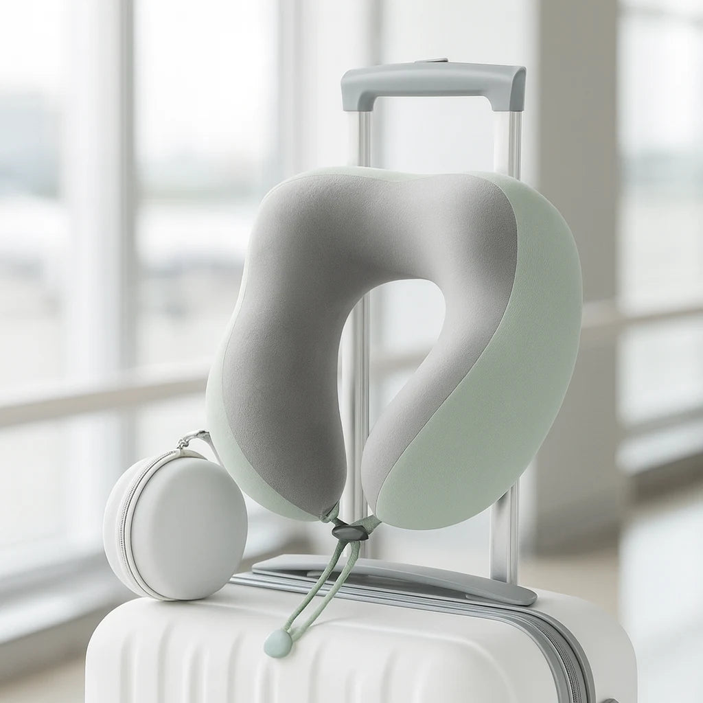 Oreiller de voyage accroché à une valise cabine