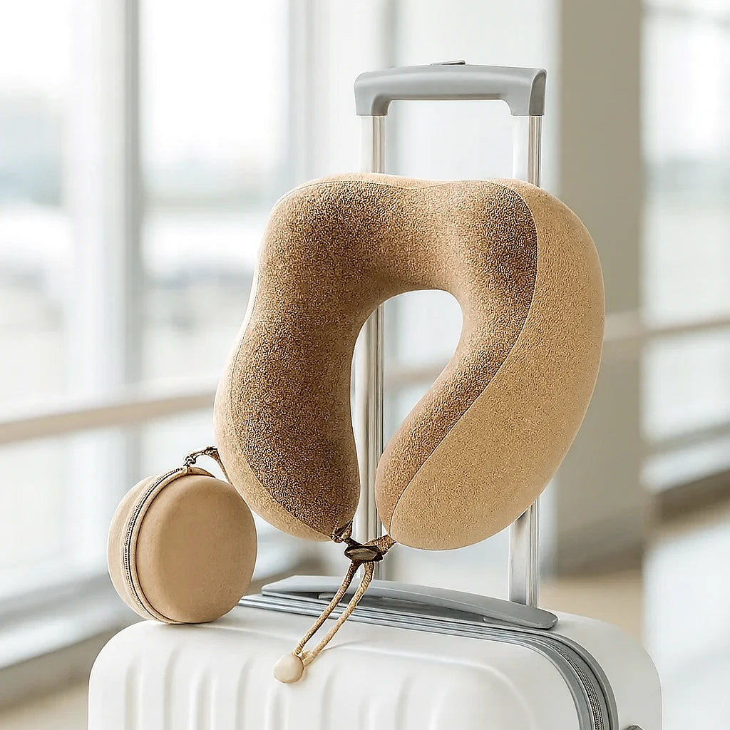 Oreiller de voyage beige sable compressé sur un bagage cabine