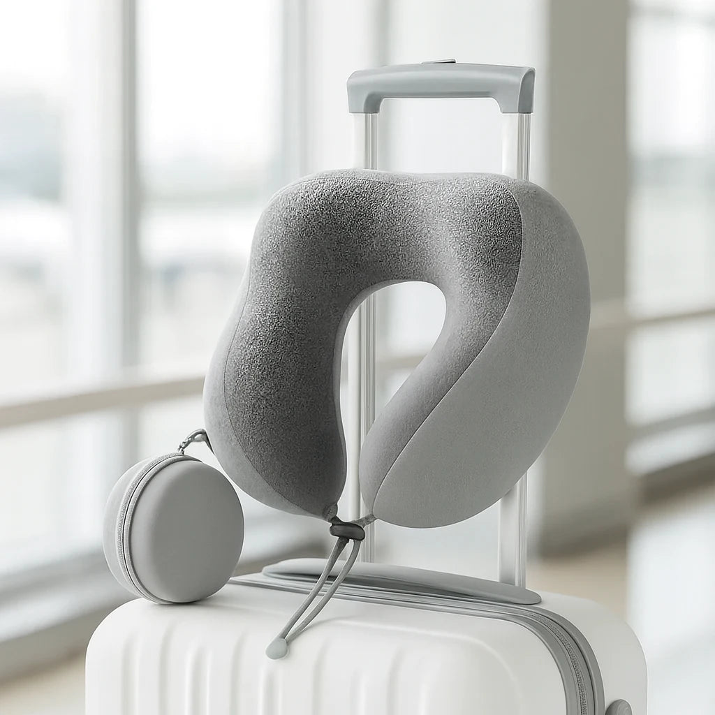 Oreiller de voyage gris perle compressé sur un bagage cabine