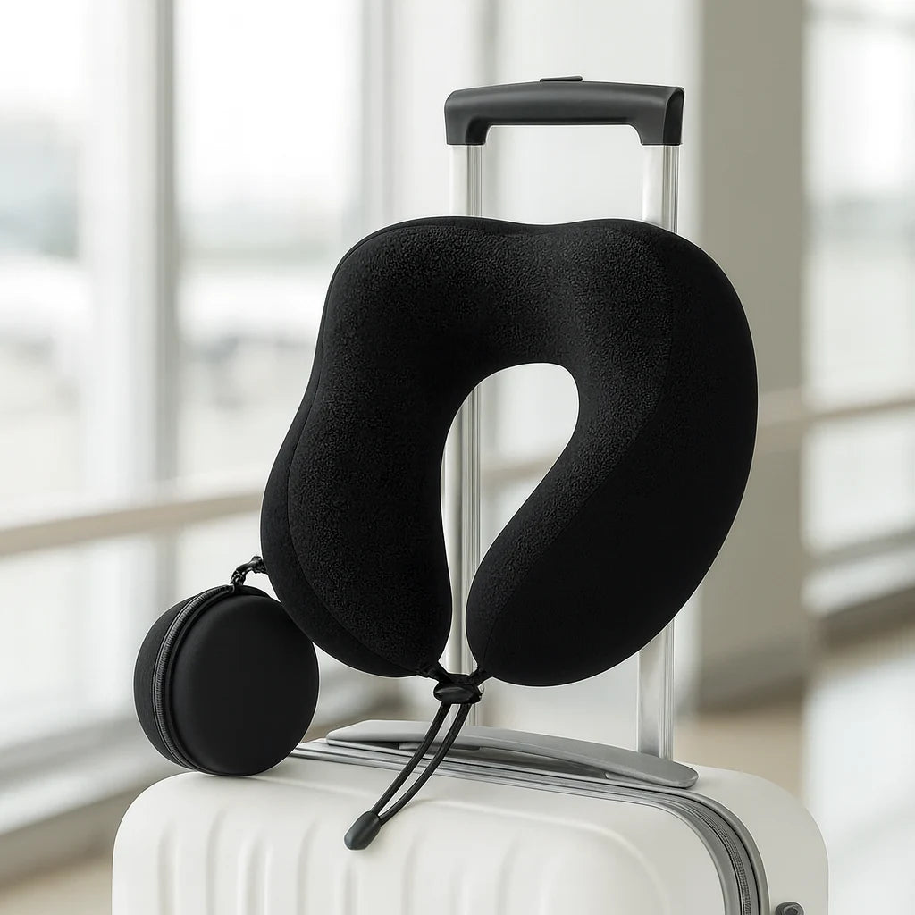 Oreiller de voyage noir compressé sur un bagage cabine