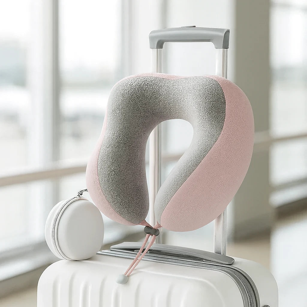 Oreiller de voyage rose poudré compressé sur un bagage cabine