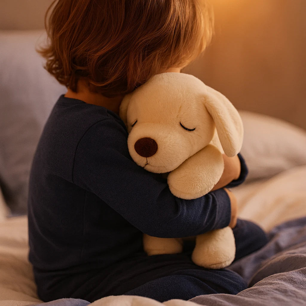 Enfant serrant sa peluche lestée chiot contre lui