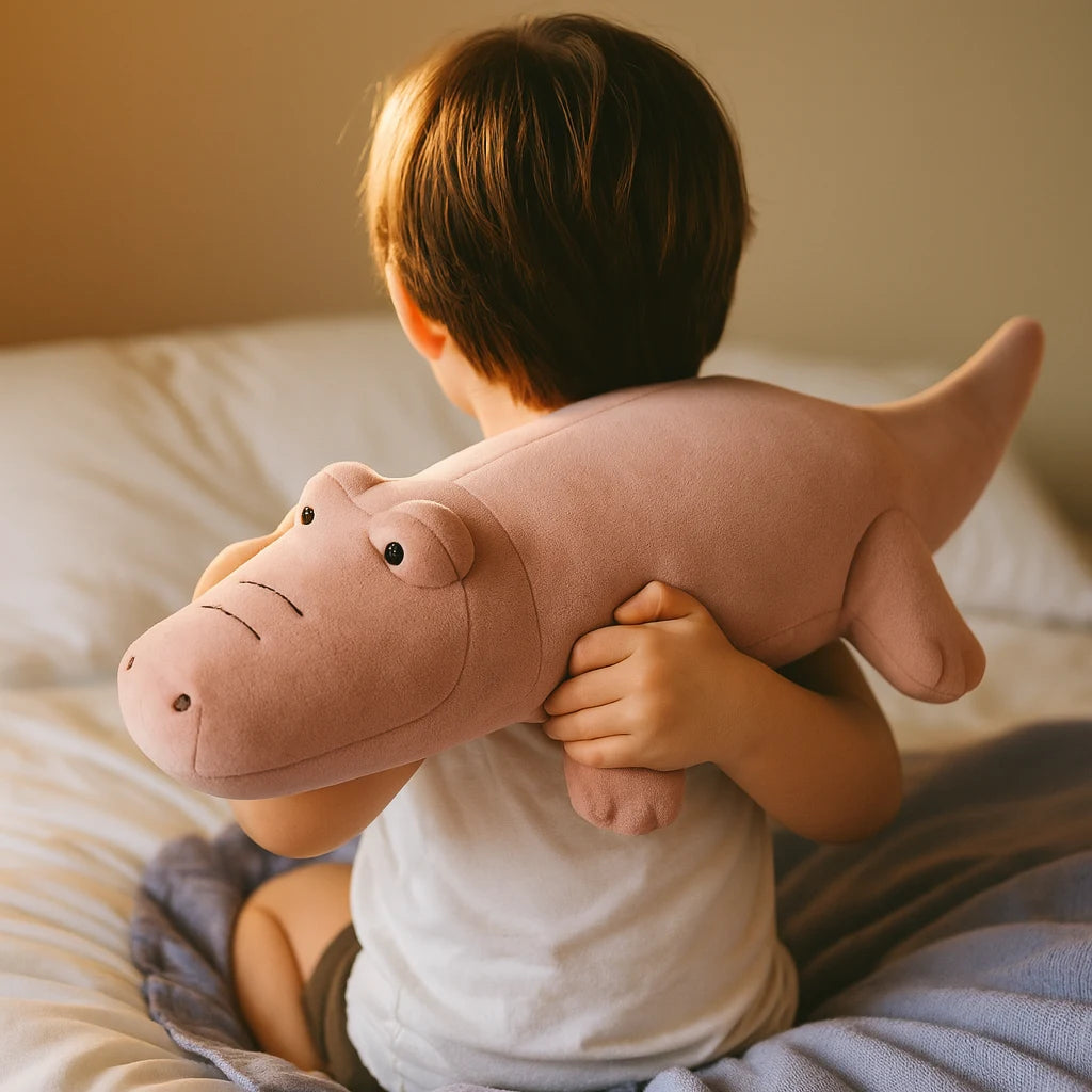 Enfant serrant sa peluche lestée crocodile rose contre lui