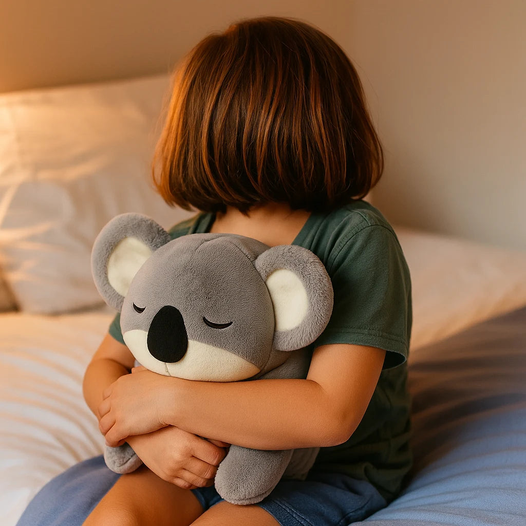 Enfant serrant sa peluche lestée koala contre lui