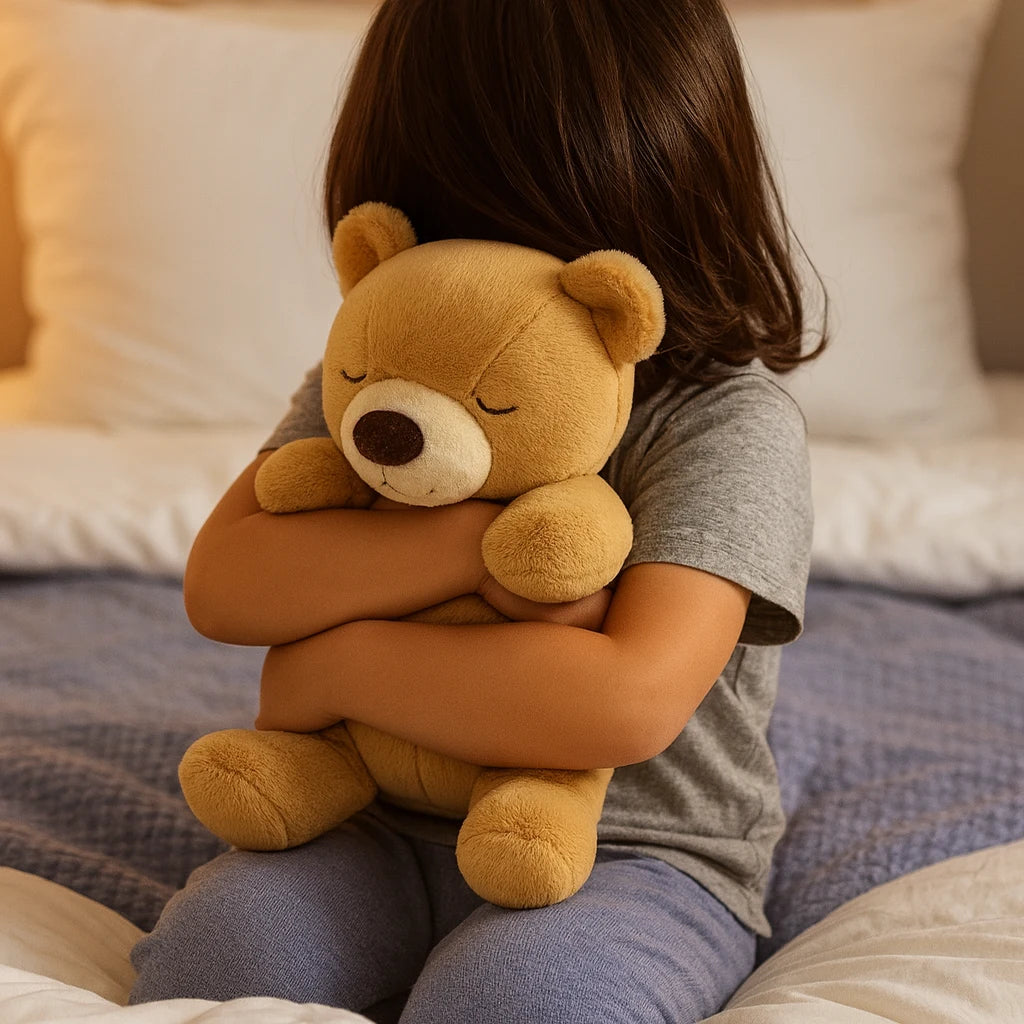 Enfant serrant sa peluche lestée ours en peluche contre lui