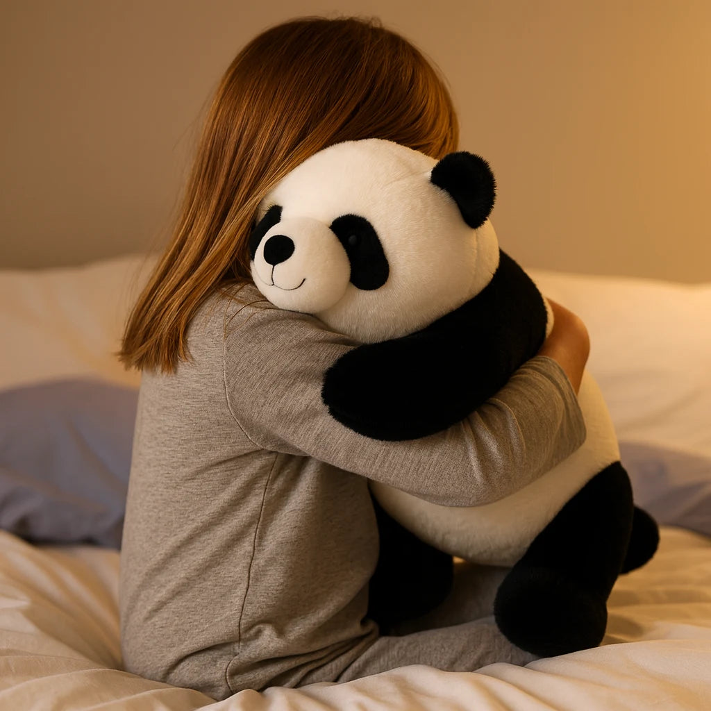 Enfant serrant sa peluche lestée panda contre lui