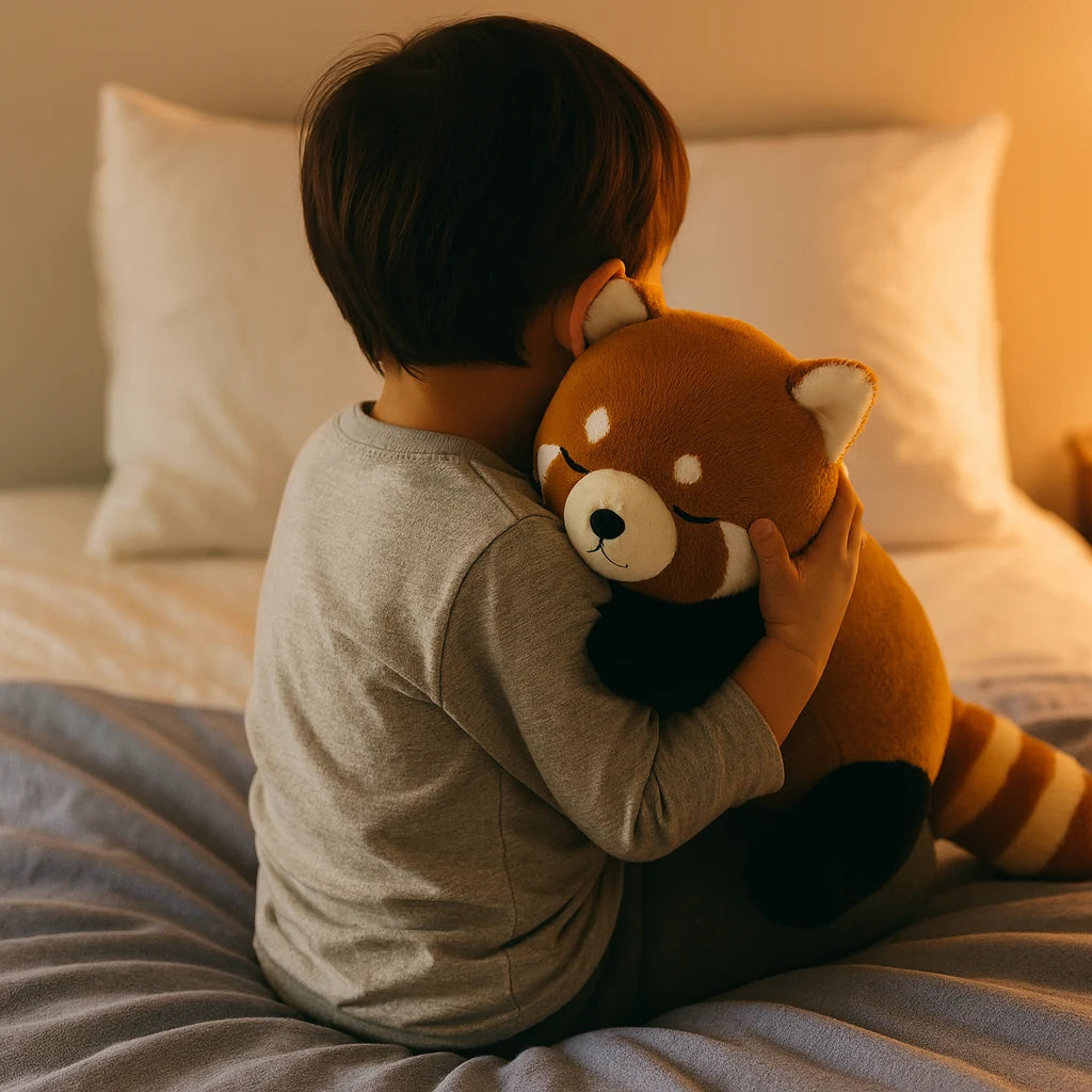 Enfant serrant sa peluche lestée panda roux contre lui