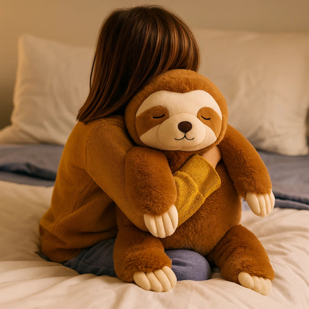 Enfant serrant sa peluche lestée paresseux contre lui