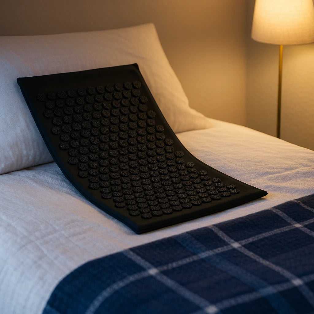 Tapis d'acupression noir déroulé sur le lit avant la séance
