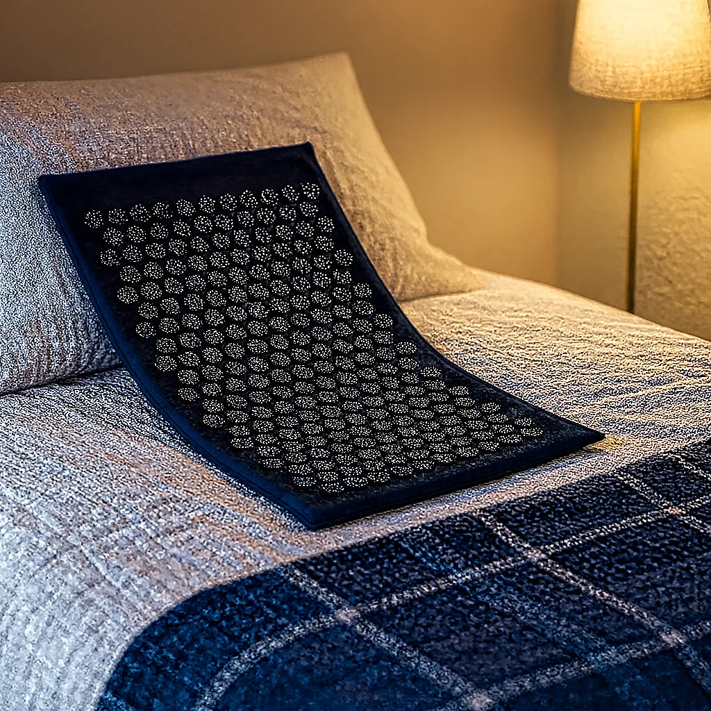 Tapis d'acupression bleu nuit déroulé sur le lit avant la séance