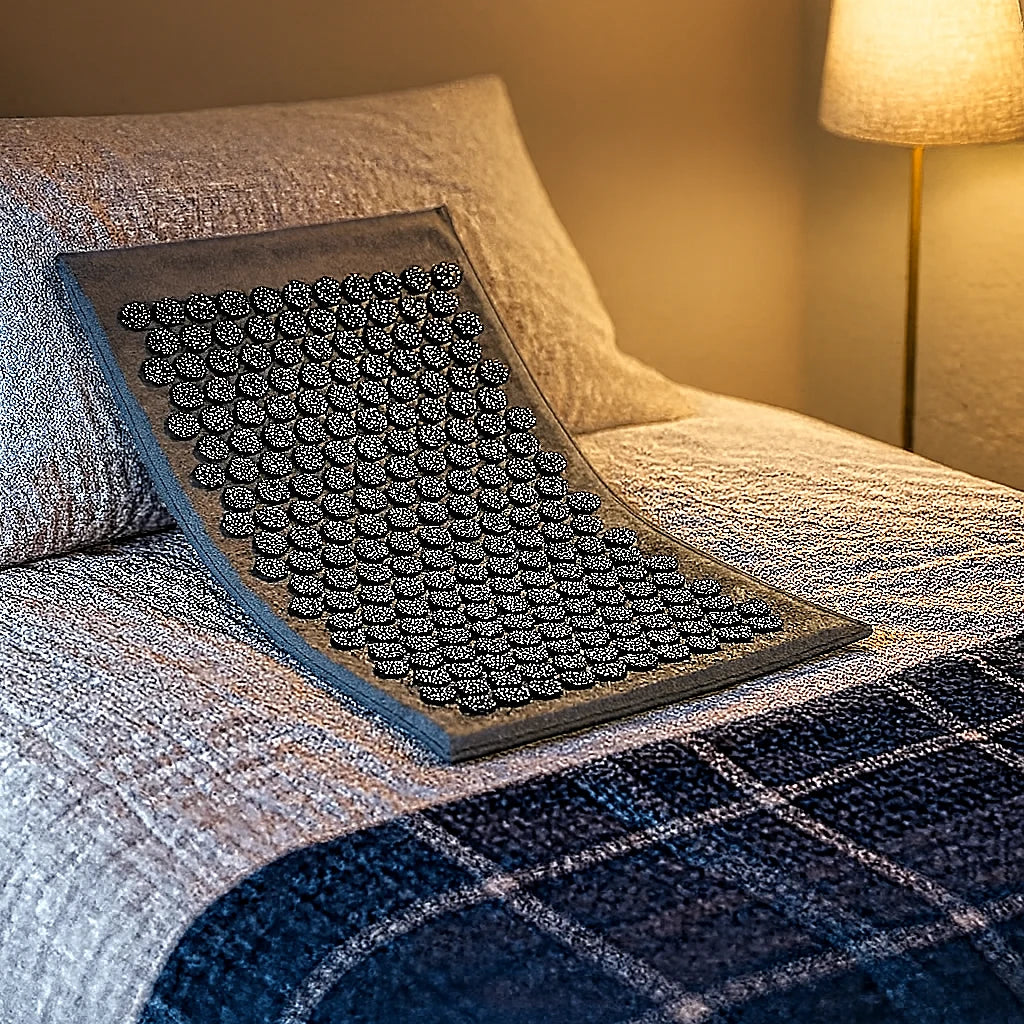 Tapis d'acupression gris déroulé sur le lit avant la séance