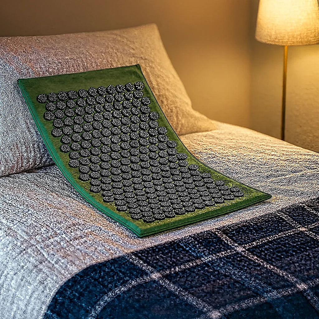 Tapis d'acupression vert sauge déroulé sur le lit avant la séance